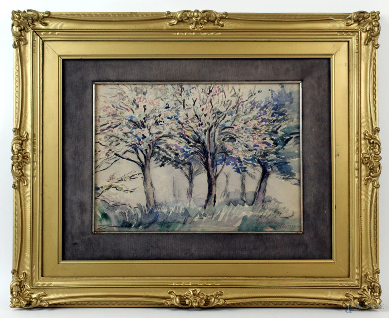 Alberi, acquarello su cartoncino, cm 24x32, firmato, entro cornice  - Asta Asta a Tempo di Antiquariato e Arte Moderna - Aste Pirone