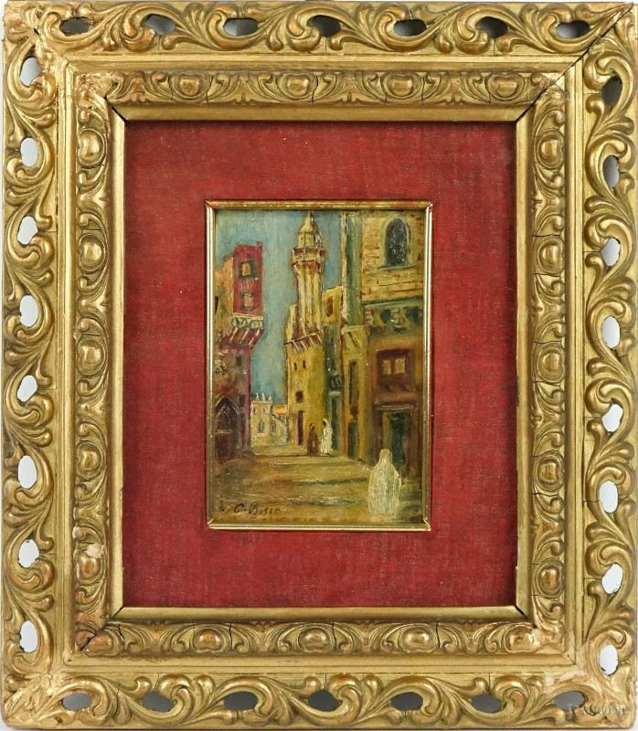 Scorcio di città araba, olio su tavola, cm 13x9, firmato, entro cornice.  - Asta ASTA A TEMPO - DUE SESSIONI - Aste Pirone