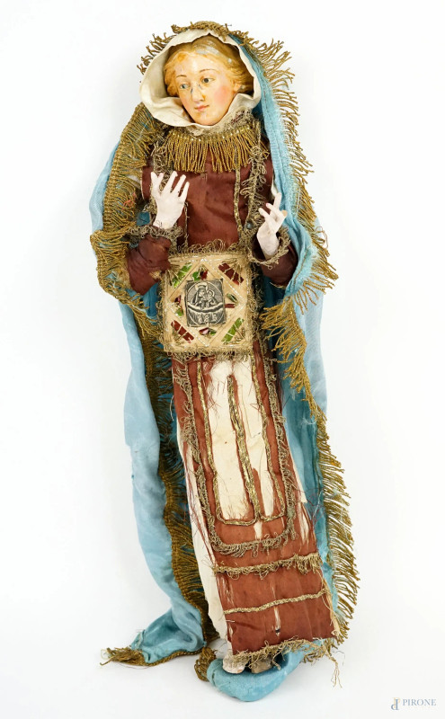 Madonna, scultura in terracotta, veste con gallonature dorate e mantello azzurro, Napoli, XVIII-XIX secolo, cm h 45, (difetti)  - Asta ASTA A TEMPO - Aste Pirone