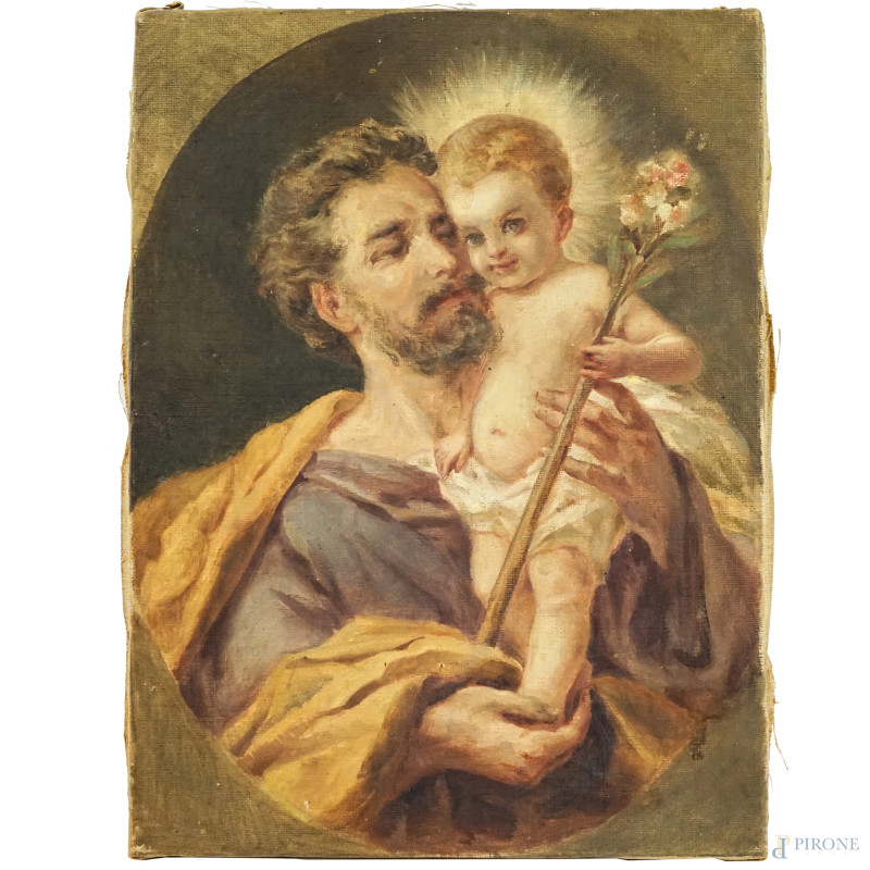 Pittore attivo nella prima metà del XX secolo, San Giuseppe col Bambino, olio su tela, cm 24,5x19  - Asta ASTA LIVE DI ANTIQUARIATO E ARTE MODERNA – DUE SESSIONI POMERIDIANE - Aste Pirone