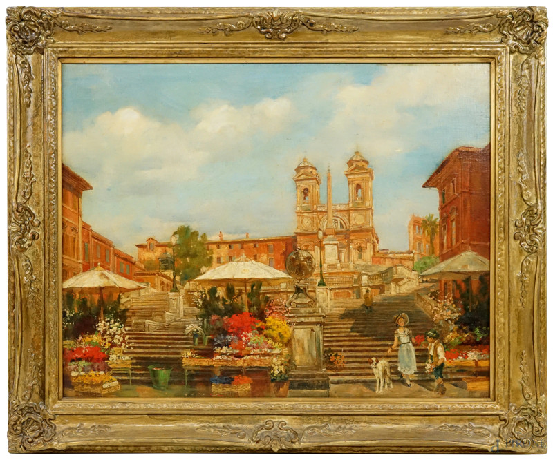 Trinità dei Monti, olio su tela riportata su compensato, cm 40x50, firmato L.Grazi, entro cornice.  - Asta ASTA A TEMPO DI ANTIQUARIATO E ARTE MODERNA - Aste Pirone