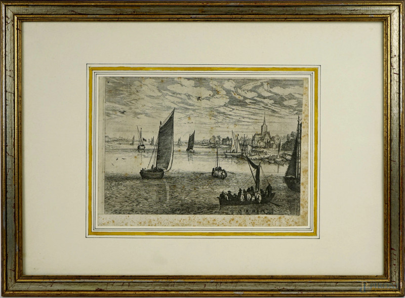 Antica incisione raffigurante marina con imbarcazioni, cm 20x28,5, entro cornice, (macchie diffuse)  - Asta ASTA DI ANTIQUARIATO E ARTE MODERNA - Aste Pirone