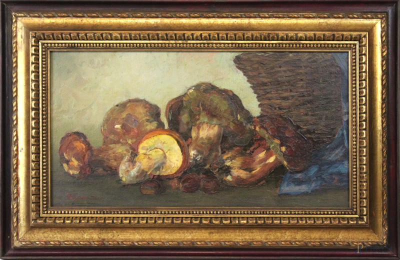 Natura morta con funghi, olio su cartone, cm 30x56, firmato,entro cornice.  - Asta ANTIQUARIATO E ARTE MODERNA - Aste Pirone