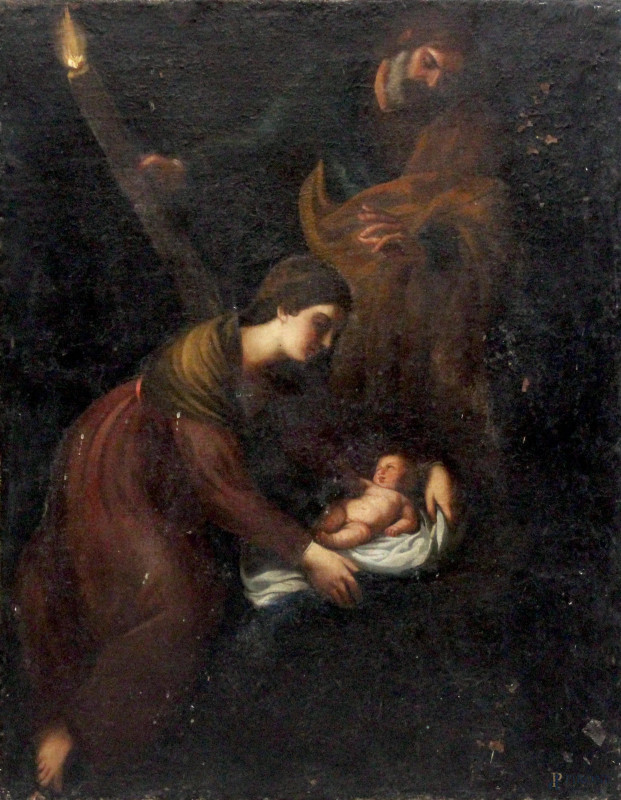 Scuola romana del XVII secolo, Natività, olio su tela, cm 79x61, (piccole cadute di colore sparse).  - Asta Asta a Tempo di Antiquariato e Arte Moderna - Aste Pirone