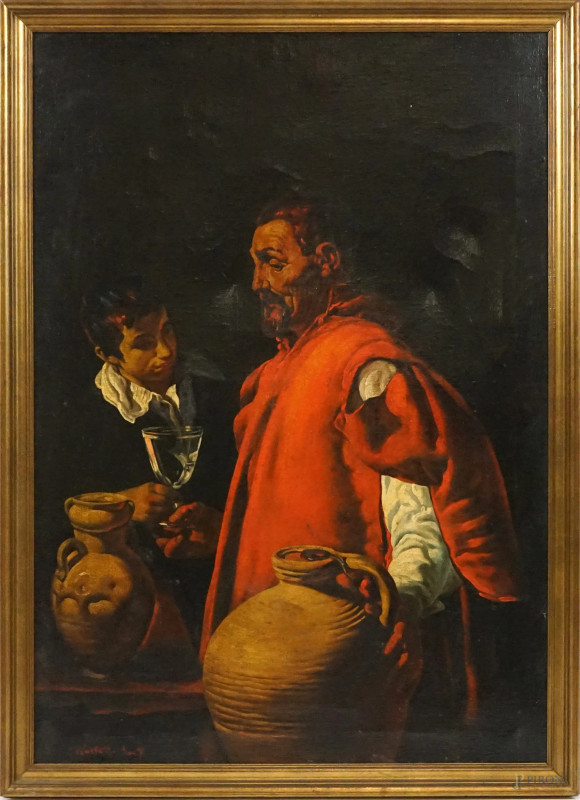 Diego Vélazquez (1599-1660) copia da, Acquaiolo di Siviglia, olio su tela, cm 100x70, firmato J.Wessell, entro cornice, (lievi difetti).  - Asta ASTA A TEMPO - Aste Pirone