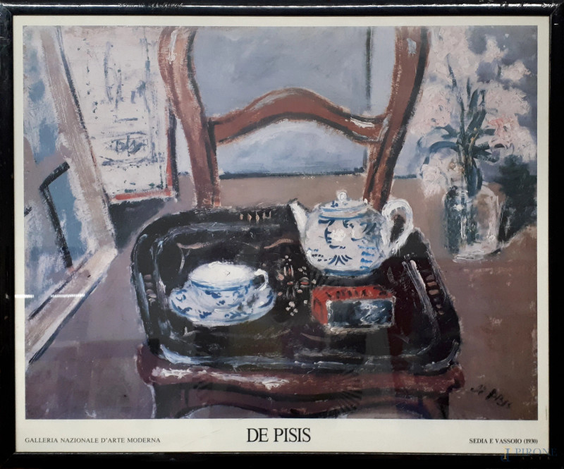 Manifesto della collezione permanente della Galleria Nazionale d’Arte Moderna di Roma riproducente l’opera “Sedia e vassoio” di Filippo de Pisis, stampa offset su carta, cm 67x82, entro cornice  - Asta ASTA A TEMPO | VARIÆ	 - Aste Pirone