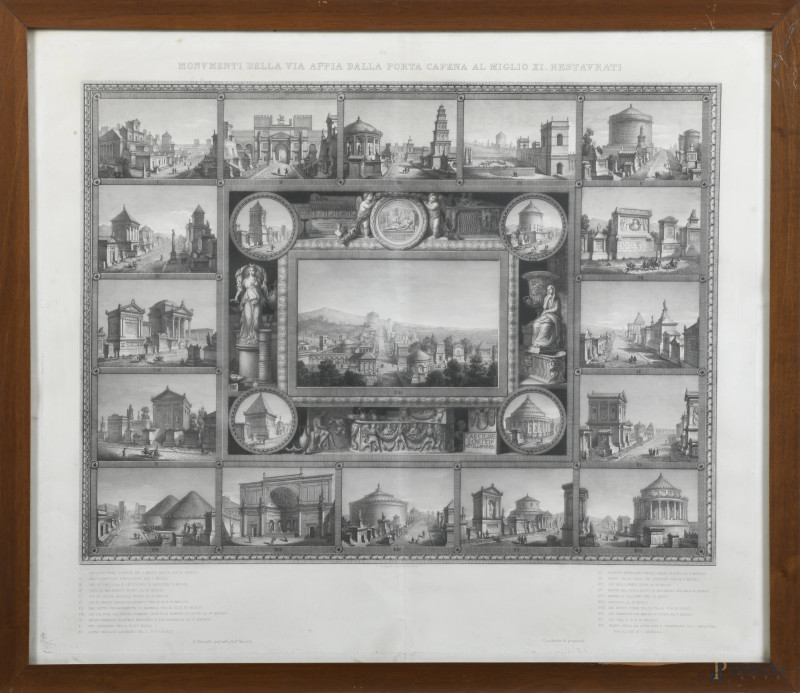 Incisione raffigurante "Monumenti della Via Appia", cm 59x69, entro cornice, (segni di usura, difetti, foxing, gore, tracce di umidità)  - Asta ASTA A TEMPO | ELECTA - Aste Pirone