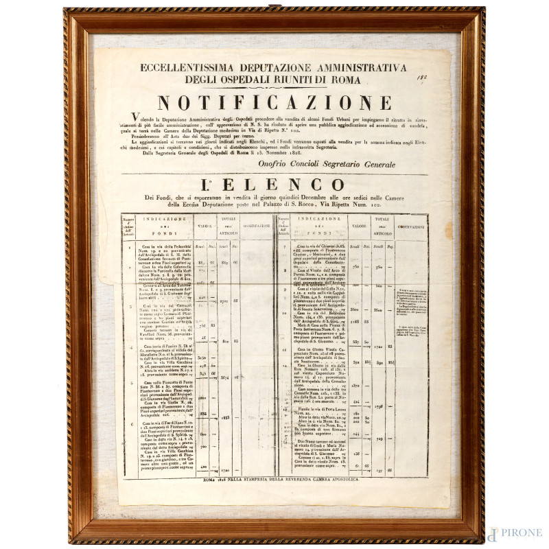 Notificazione, Roma, 1828, cm 55x40, entro cornice, (segni di usura, piegature, difetti)  - Asta  ASTA A TEMPO | VARIÆ - Aste Pirone
