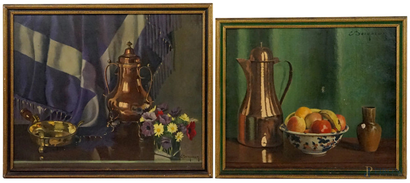 Eug&#232;ne Jean Marie  Bergeron : Nature morte e vasellame, due dipinti olio su tela, misure max cm 60x73,5, entro cornici  - Asta ASTA A TEMPO di Arte Moderna e Antiquariato - Aste Pirone