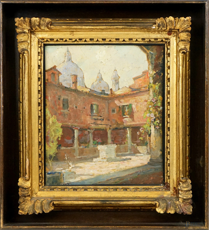 Affaccio sul cortile, olio su compensato, cm 24x20, firmato E. Bonivento, entro cornice.  - Asta ASTA A TEMPO DI ANTIQUARIATO E ARTE MODERNA - Aste Pirone