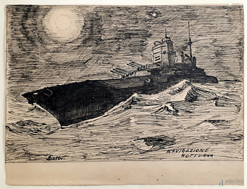 Pittore futurista di marine, Navigazione notturna, disegno futurista a inchiostro su carta del Maestro Beniamino Salvi (XX sec.)  raffigurante corazzata in navigazione, cm 22x28, firmato e titolato, entro cornice  - Asta ANTIQUARIATO E ARTE MODERNA - Aste Pirone