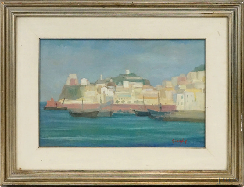 Ortensio Gionfra : Scorcio di porto, olio su cartone telato, cm 38x50, entro cornice.  - Asta ASTA A TEMPO DI ANTIQUARIATO E ARTE MODERNA - Aste Pirone