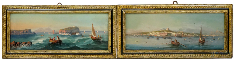 Coppia di vedute del golfo di Napoli, olio su tela, cm 23.5x63.5, inizi del XX secolo, entro cornice  - Asta ASTA A TEMPO DI ANTIQUARIATO E ARTE MODERNA - Aste Pirone