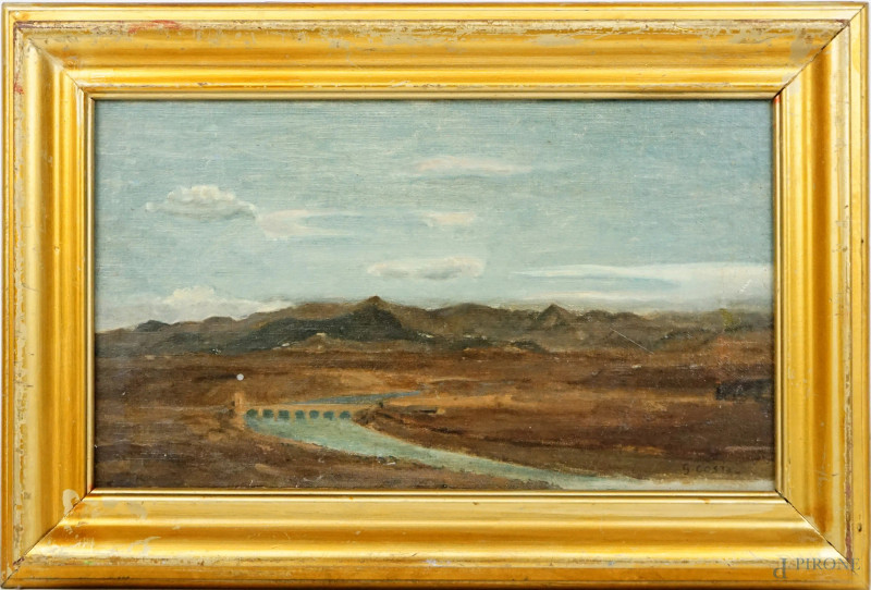 Campagna romana, olio su tela riportata su cartone, cm 22x39, firmato, entro cornice.  - Asta ASTA A TEMPO - Aste Pirone