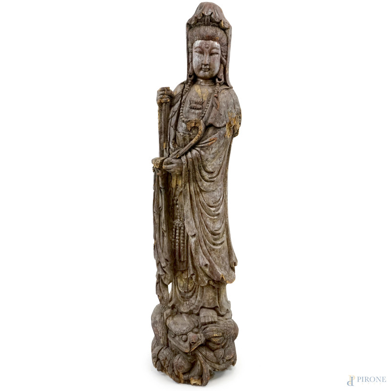 Guanyin, scultura in legno intagliato e argentato, arte orientale, XIX-XX secolo, cm h 139, (difetti).  - Asta ASTA A TEMPO DI ANTIQUARIATO E ARTE MODERNA - Aste Pirone