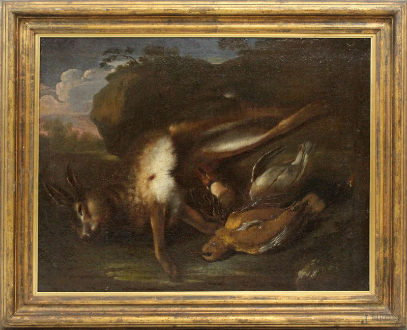 Pittore del XVII secolo, Cacciagione, olio su tela, cm 65x52,5, entro cornice.  - Asta ANTIQUARIATO E ARTE MODERNA - Aste Pirone