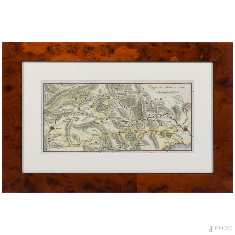 Viaggio da Firenze a Roma, stampa cartografica, XX secolo,   cm 22x38 compreso passepartout, (umidità, foxing, gore, piegature)  - Asta  ASTA A TEMPO | VARIÆ - Aste Pirone