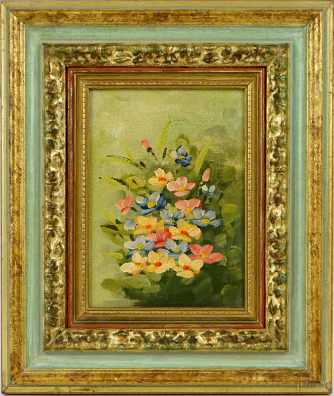 Fiori, olio su compensato, cm 18x13, XX secolo, entro cornice.  - Asta II TORNATA DI ASTA DI ARTE MODERNA E ANTIQUARIATO - Aste Pirone