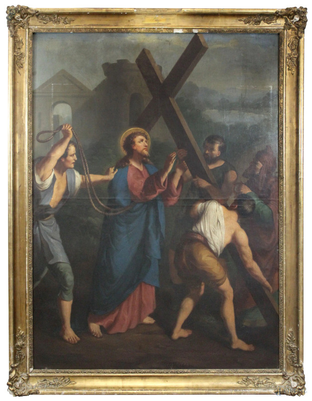 Episodio  della Via Crucis, seconda stazione "Cristo caricato della croce",  olio su tela, cm 182x132,5, firmato Roy 1863, entro cornice, (difetti).  - Asta ANTIQUARIATO E ARTE MODERNA - Aste Pirone