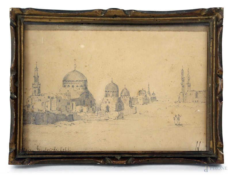 Cairo, sepolcri dei Kalifi, matita su carta, cm 11x16,5, siglato, entro cornice.  - Asta ANTIQUARIATO E ARTE MODERNA - Aste Pirone