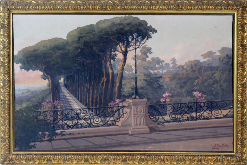 Terrazza con viale alberato, tempera su tela, cm 49x75,5, firmato, entro cornice.  - Asta ANTIQUARIATO E ARTE MODERNA - Aste Pirone