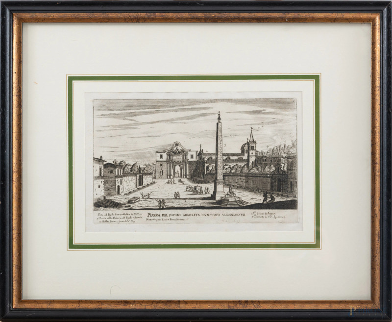 Giovanni Battista Falda, Piazza del Popolo abbellita da L.S. Papa Alessandro XVII, acquaforte tiratura 600esca, cm 38,5x49 compreso passepartout, entro cornice, (tracce di umidità, ondulazioni della carta)  - Asta ASTA A TEMPO | ELECTA - Aste Pirone