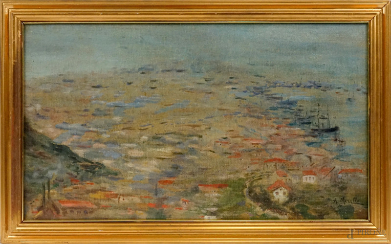 Paesaggio ligure, olio su tela riportata su cartone, cm 45x79, firmato, entro cornice.  - Asta ASTA A TEMPO DI ANTIQUARIATO E ARTE MODERNA – DUE SESSIONI - Aste Pirone