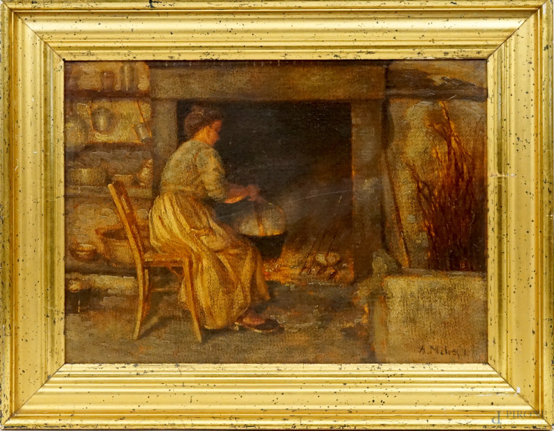 Al focolare, olio su cartone, cm 34,5x47, firmato A.Milesi, entro cornice.  - Asta ASTA A TEMPO DI ANTIQUARIATO E ARTE MODERNA - Aste Pirone