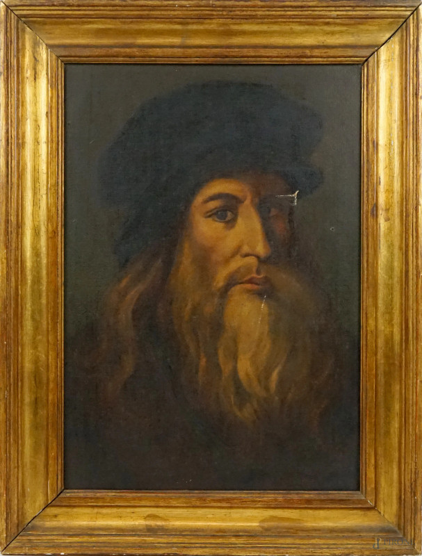 Leonardo da Vinci, olio su tela, cm 56x39, XX secolo, entro cornice, (difetti sulla tela)  - Asta ASTA A TEMPO DI ANTIQUARIATO E ARTE MODERNA - Aste Pirone