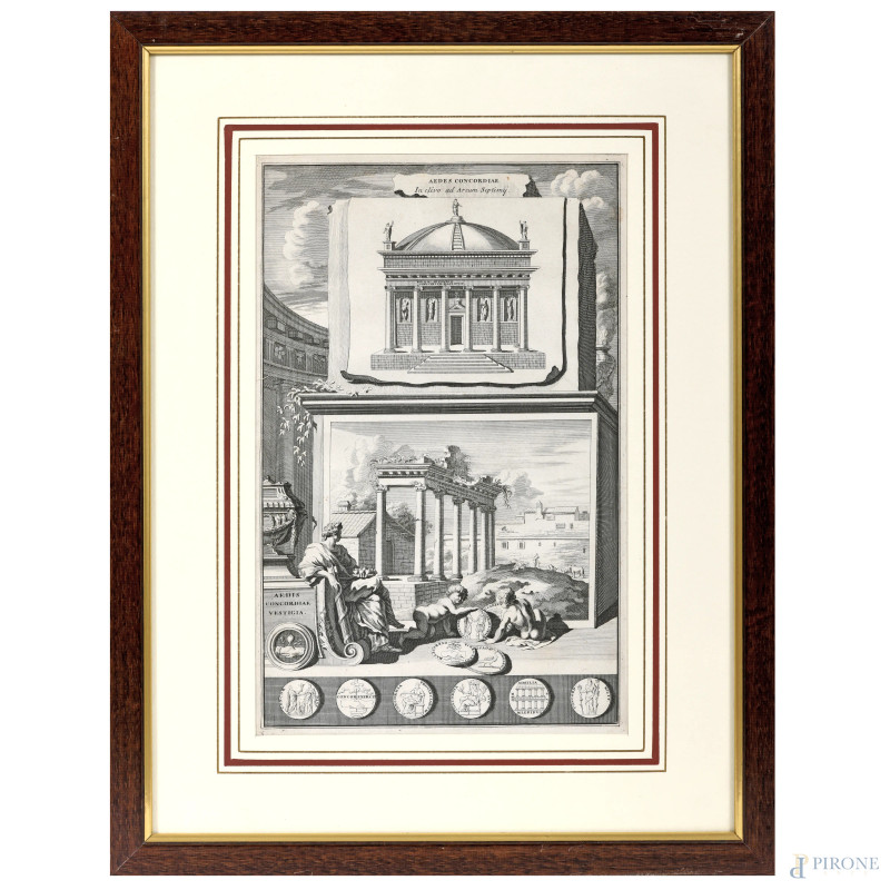 Aedes Concordiae, incisione su carta, XIX-XX secolo, cm 46x34 compreso passepartout, entro cornice, (ondulazioni della carta, lieve foxing)  - Asta ASTA A TEMPO | VARIÆ - Aste Pirone