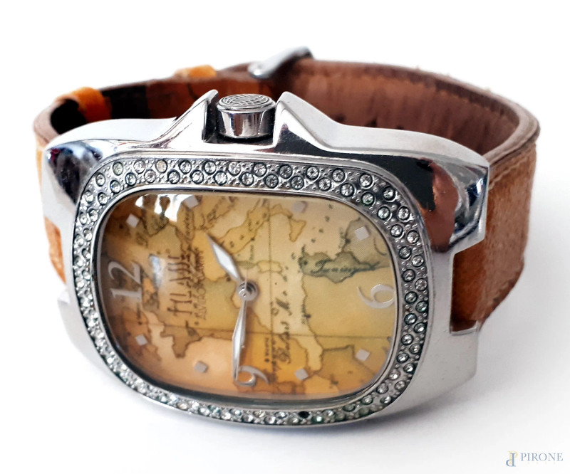 Orologio da polso vintage da donna, Alviero Martini Prima Classe con bracciale in pelle e quadrante rettangolare in acciaio e Svarowski, water resistant  - Asta PRIMA TORNATA D' ASTA A TEMPO DI FINE STAGIONE - Aste Pirone