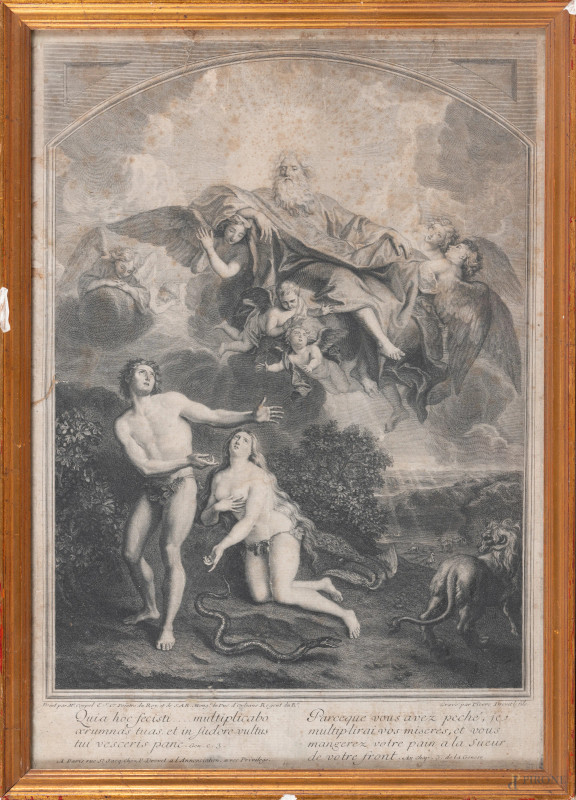 Stampa raffigurante la Cacciata dal Paradiso, XIX secolo, cm 36x24,5, entro cornice, (gore, foxing, tracce di umidità, lacerazioni, difetti)  - Asta  ASTA A TEMPO | VARIÆ - Aste Pirone