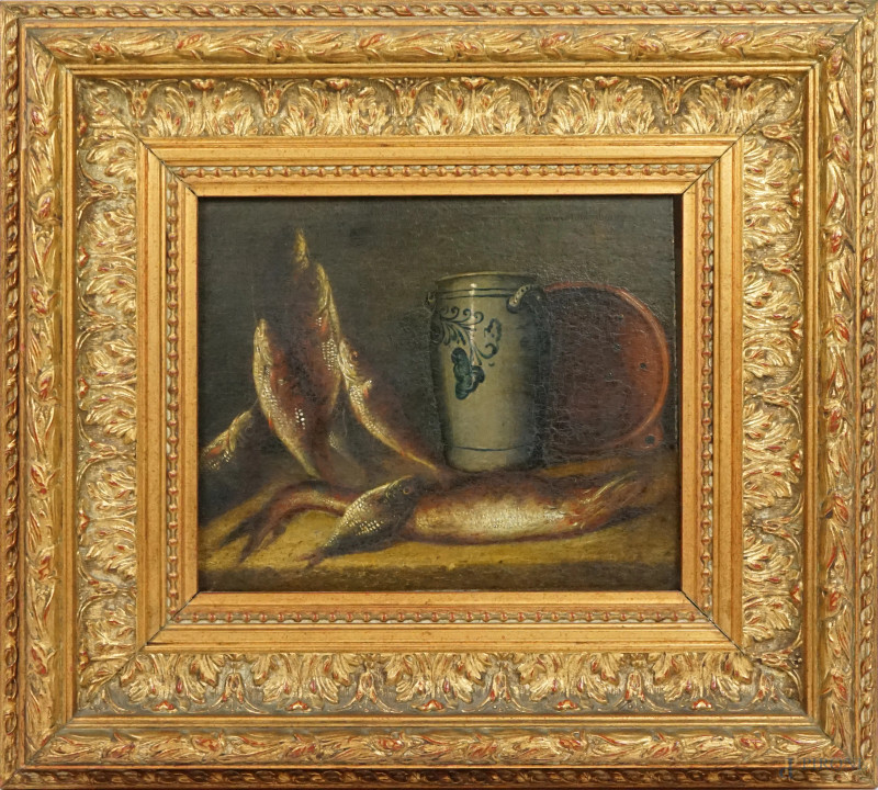 Aringhe e vasellame, olio su tavola, cm 22x27, firmato, entro cornice.  - Asta ASTA LIVE DI ANTIQUARIATO E ARTE MODERNA – DUE SESSIONI POMERIDIANE - Aste Pirone