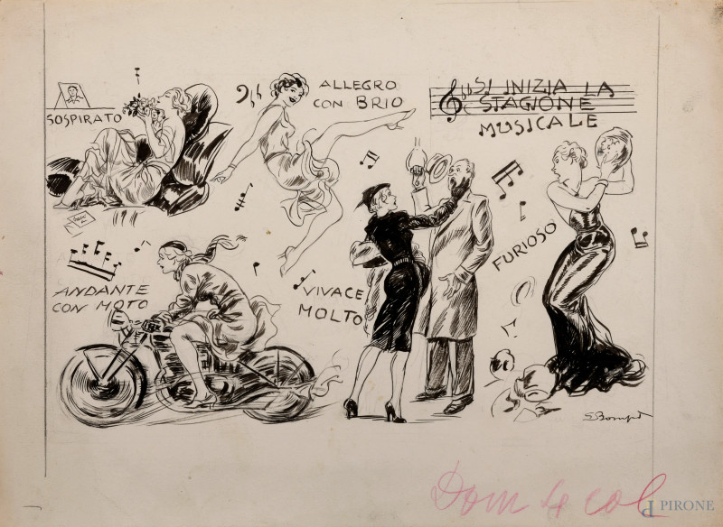 Luigi Bompard (1879 - 1953), Musica!, inchiostro su carta, firmato in basso a destra, cm 26x35,5 (lievi segni di usura del tempo)  - Asta ASTA A TEMPO | VARIÆ - Aste Pirone