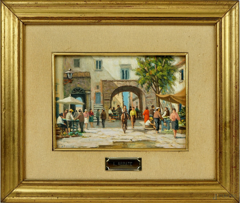 Scena di mercato, olio su cartone telato, cm 12x17, firmato L. Abbate, entro cornice  - Asta ASTA DI ANTIQUARIATO E ARTE MODERNA - Aste Pirone