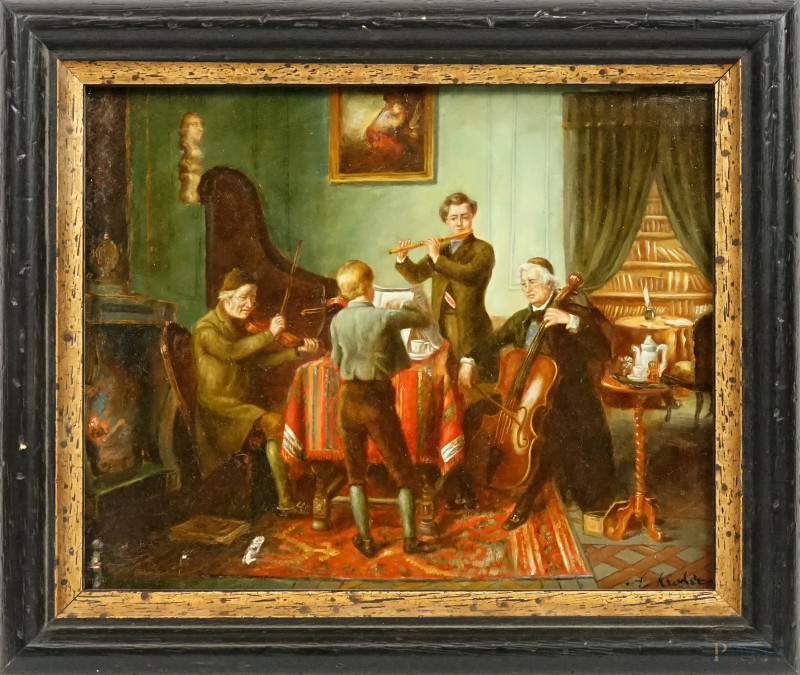 Il quartetto, olio su tavola, cm 19,5x24,5, copia da Friedrich Peter Hiddemann, firmato in basso a destra, entro cornice  - Asta ASTA LIVE DI ANTIQUARIATO E ARTE MODERNA – DUE SESSIONI POMERIDIANE - Aste Pirone