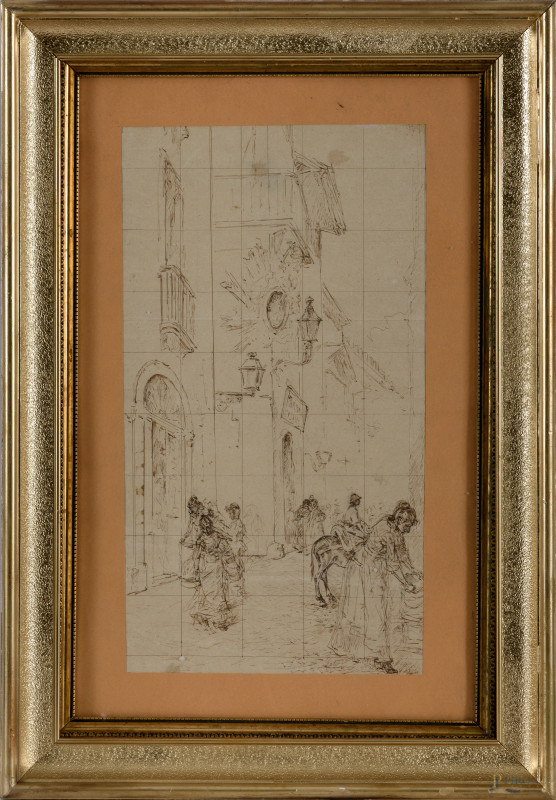 Scorcio di via con figure, inchiostro su carta, XX secolo, cm 44x23 entro cornice  - Asta ASTA A TEMPO | VARIÆ - Aste Pirone