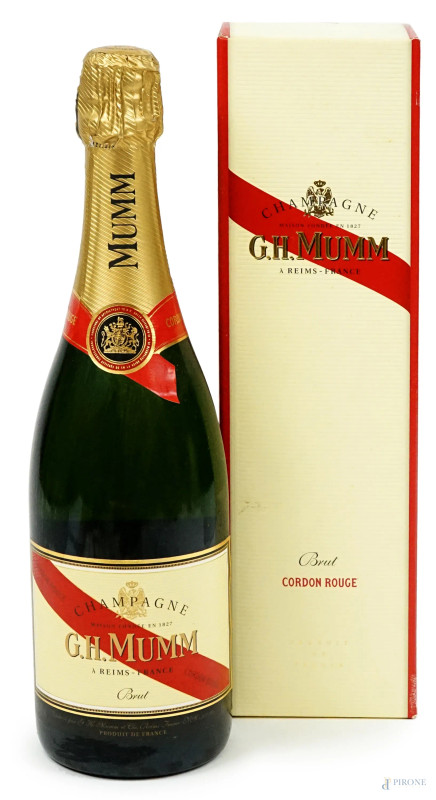 Champagne G.H.Mumm Brut, bottiglia da 750 ml, entro scatola originale.  - Asta ASTA A TEMPO - Aste Pirone