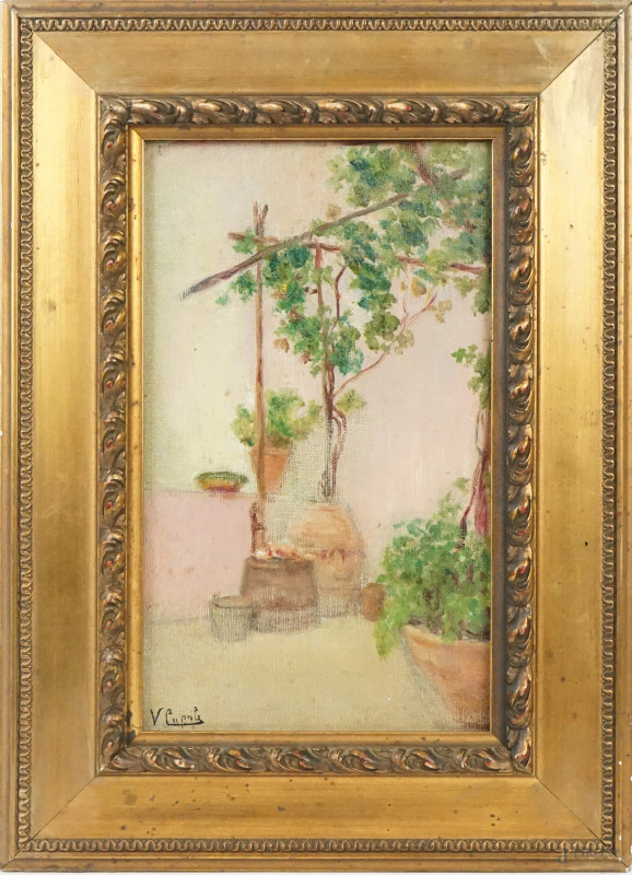 Esterno, olio su cartone telato, cm 25x15, firmato, entro cornice  - Asta ASTA DI ARTE MODERNA, CONTEMPORANEA E VINTAGE - Aste Pirone