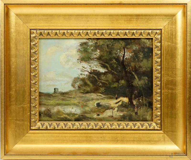 Paesaggio con alberi e figure, olio su tavola, cm 22x29, XX secolo, entro cornice.  - Asta ASTA A TEMPO DI ANTIQUARIATO E ARTE MODERNA - Aste Pirone