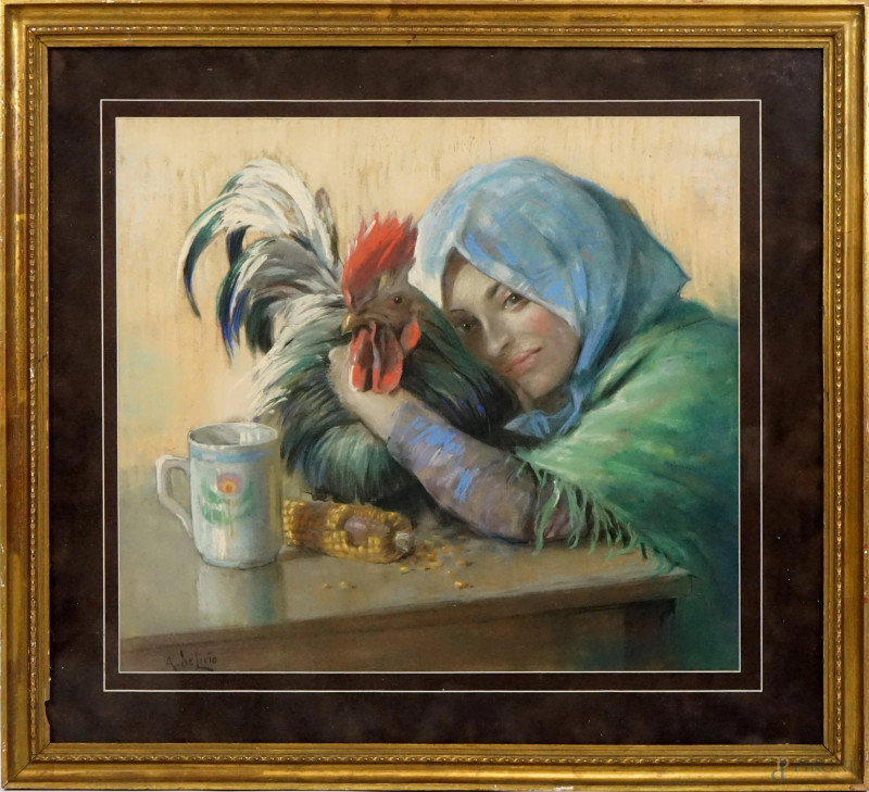 Ragazza con gallo, pastello su cartone, cm 50x57, firmato A. De Lisio, entro cornice  - Asta II TORNATA DI ASTA DI ARTE MODERNA E ANTIQUARIATO - Aste Pirone