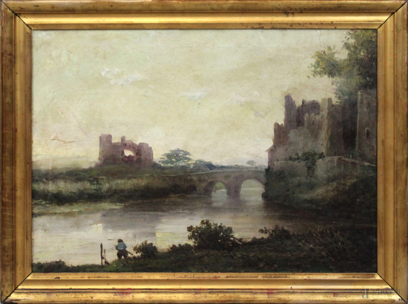 Paesaggio fluviale con ponte e ruderi, olio su tela, cm 50,5x70,5, entro cornice, (difetto alla tela)  - Asta Asta a Tempo di Antiquariato e Arte Moderna - Aste Pirone