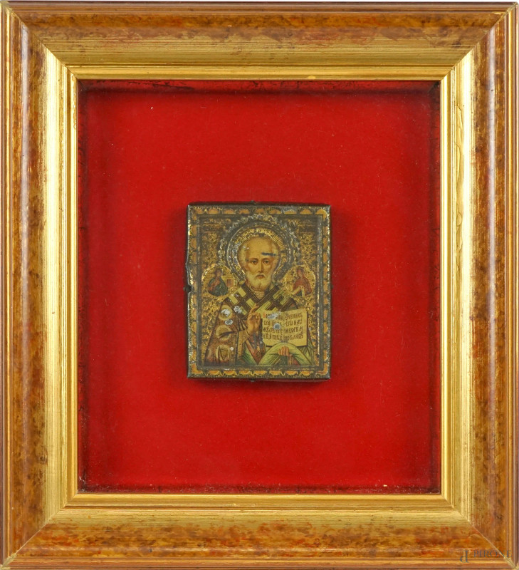 Piccola icona raffigurante San Nicola, placca in metallo dorato, cm 6,5x5,5, XX secolo, entro cornice  - Asta II TORNATA DI ASTA DI ARTE MODERNA E ANTIQUARIATO - Aste Pirone