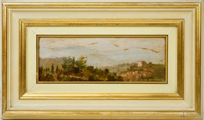 Paesaggio, olio su tavoletta, cm 10x28, firmato, entro cornice.  - Asta ASTA A TEMPO DI ANTIQUARIATO E ARTE MODERNA - Aste Pirone