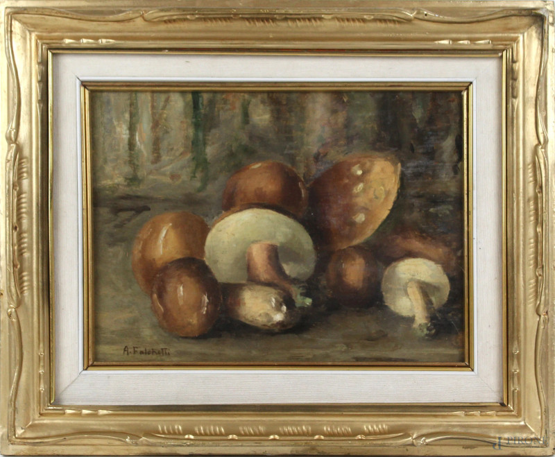 Funghi, olio su tavola, cm 29,5x37,5, firmato, entro cornice  - Asta Asta a Tempo di Antiquariato e Arte Moderna - Aste Pirone