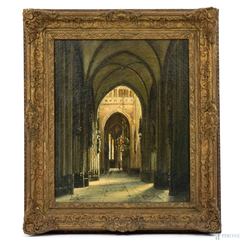 Interno di cattedrale, olio su tela, cm 60x50, firmato, entro cornice  - Asta ASTA DI ANTIQUARIATO E ARTE MODERNA - Aste Pirone