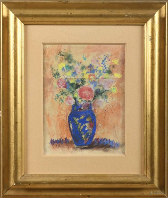 Vaso di fiori, XX secolo, tecnica mista su carta, cm 44x36,5, entro cornice, (segni di usura, tracce di umidità, segni di piegatura, increspature della carta)  - Asta ASTA A TEMPO | VARIÆ	 - Aste Pirone