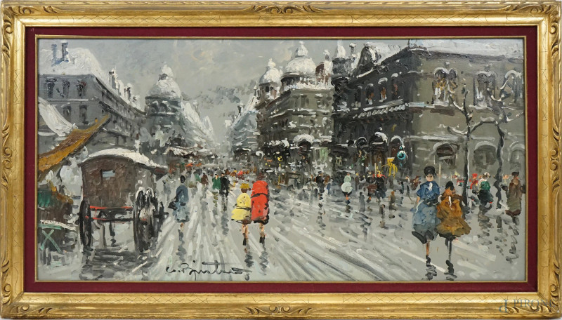 Scorcio di città innevata, olio su tela, cm 58,5x118, firmato, entro cornice.  - Asta ASTA DI ARTE MODERNA, CONTEMPORANEA E VINTAGE - Aste Pirone