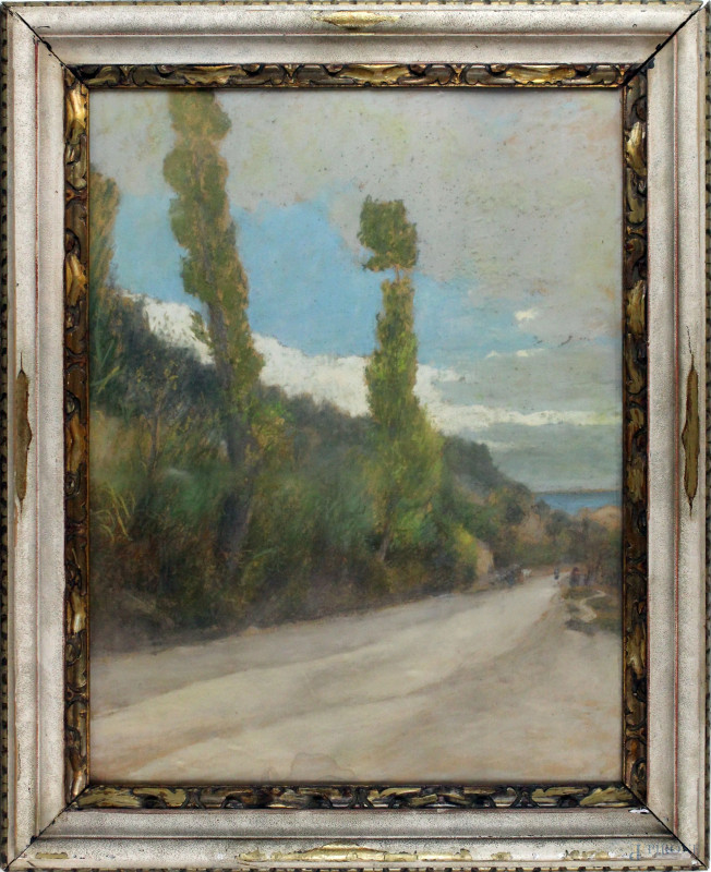 Paesaggio con strada e figure, pastello su carta, cm 65x51, firmato, entro cornice  - Asta ASTA A TEMPO - DUE SESSIONI - Aste Pirone