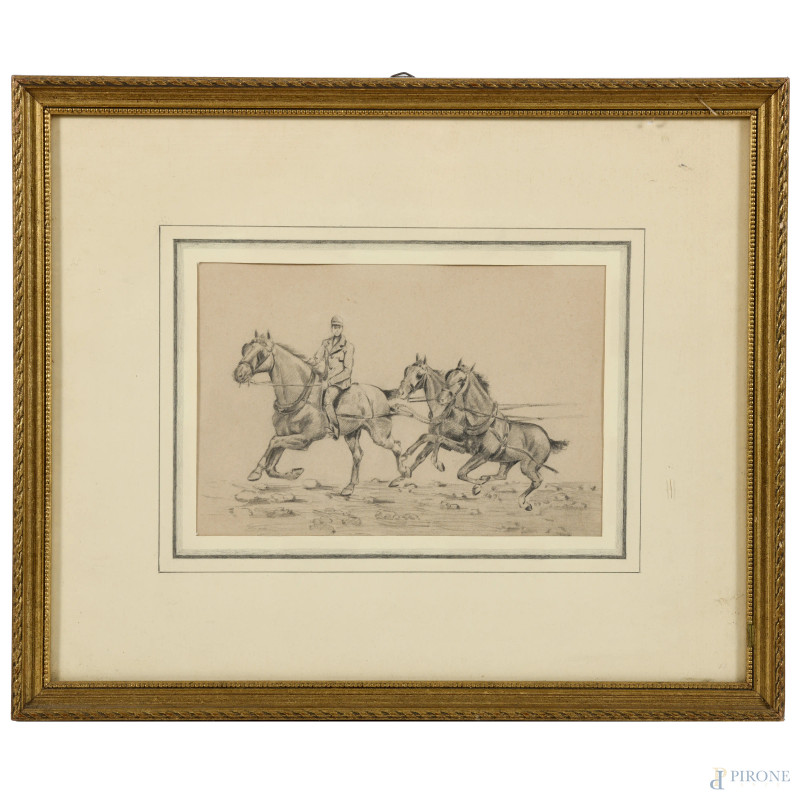 Fantino con cavalli, XX secolo, grafite su carta, cm 29x36 compreso passepartout, entro cornice  - Asta ASTA A TEMPO | VARIÆ - Aste Pirone
